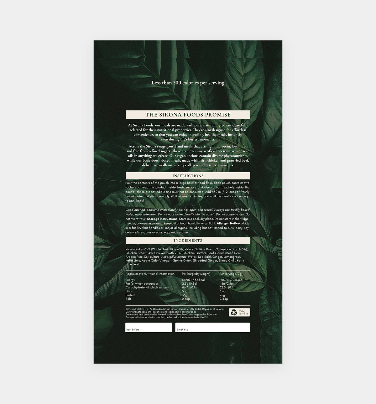 Chicken and Beef Noodle Broth pouch artwork, back, with ingredients, nutrition and instructions